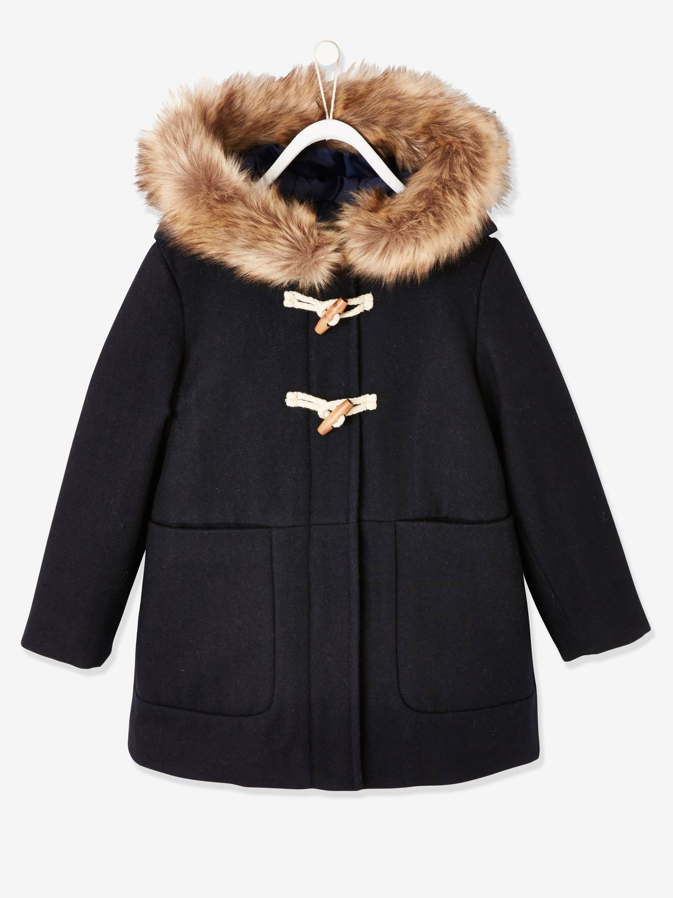 Automatisk Opsætning egyptisk Hooded Duffel Coat with Toggles, in Woollen Fabric, for Girls - dark blue,  Girls