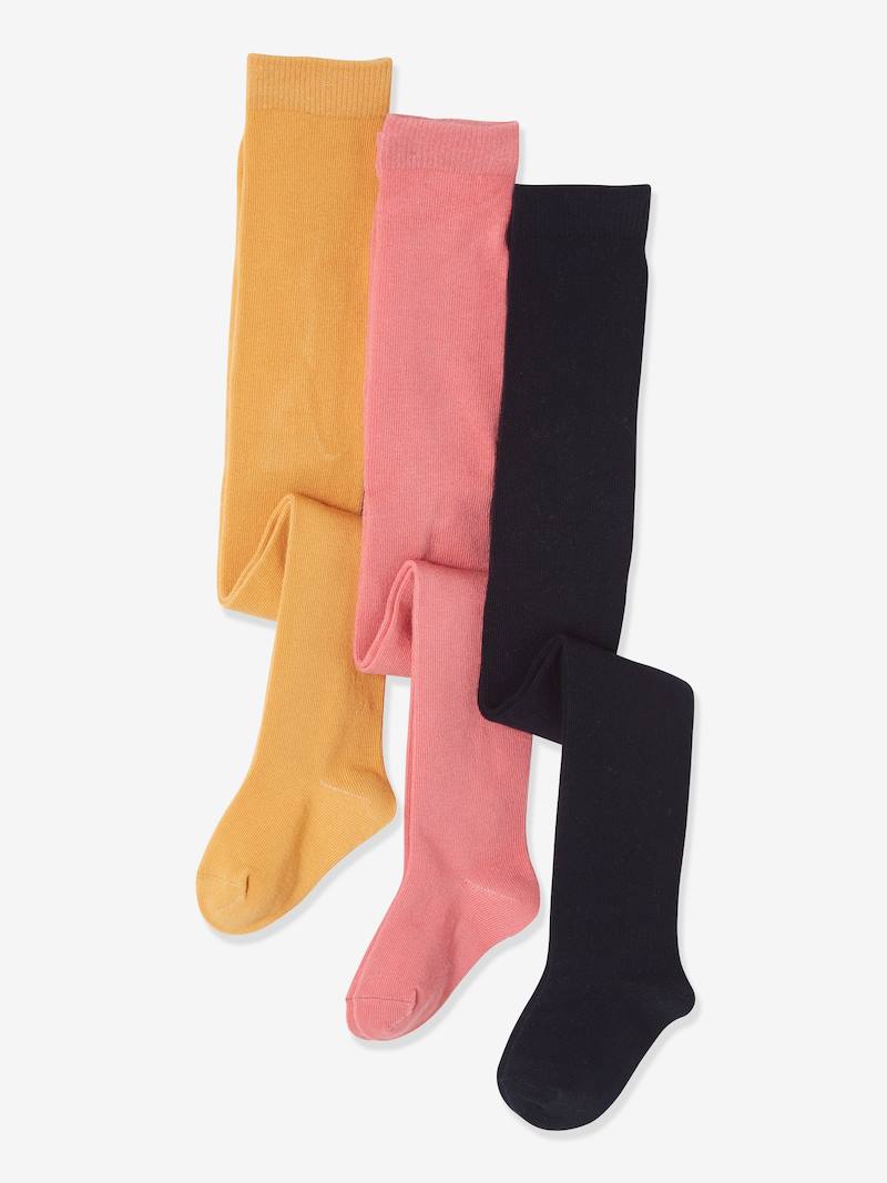 Girl's Pack of 3 Pairs of Jersey Knit Fabric Tights yellow dark 2 color/multicol, Girls