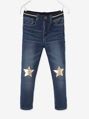 -Jeans in Denim-Effect Fleece with Fancy Details, for Girls