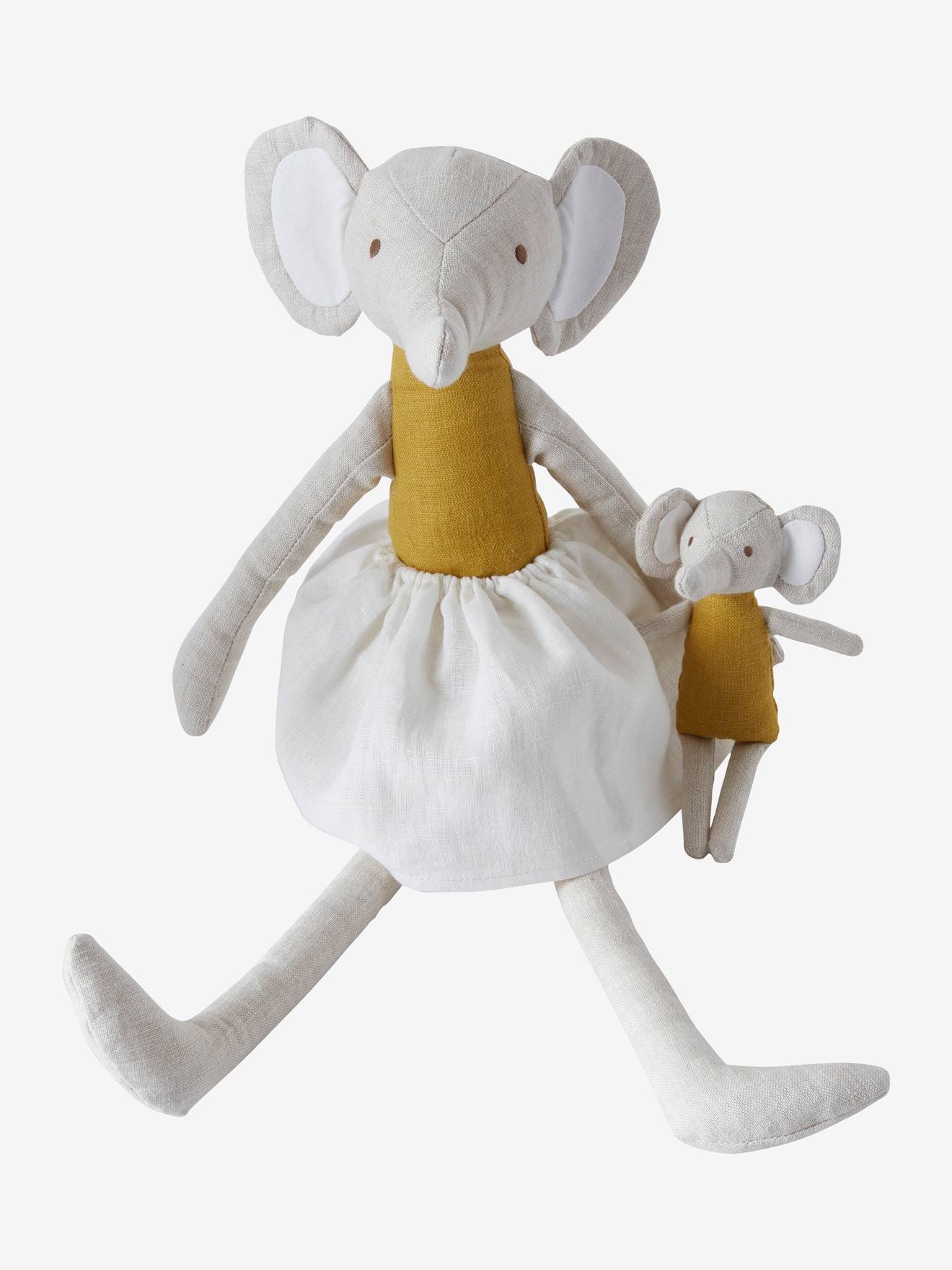 Two Linen Dolls Mummy Elephant Her Baby Yellow Print Toys