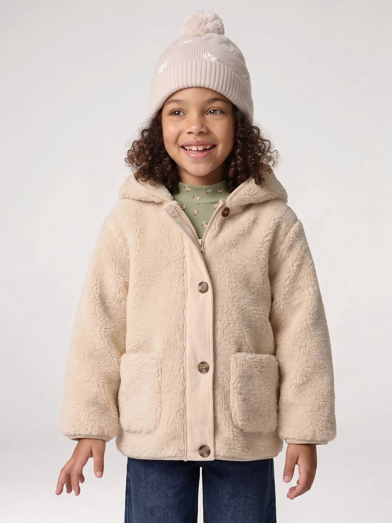Coat in Woollen Checks & Sherpa Lining for Girls - chequered beige