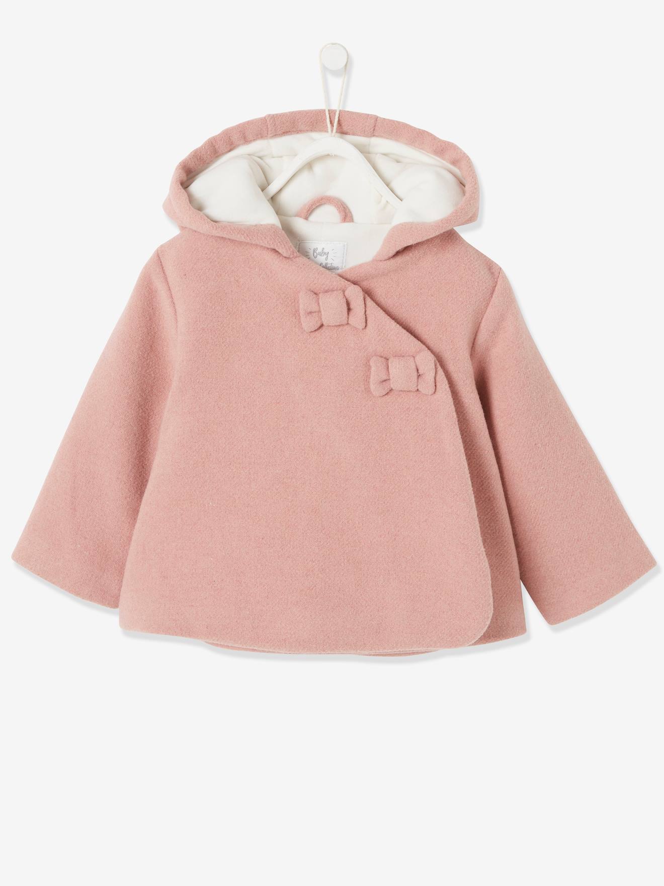 Manteau à capuche bébé fille lainage doublé et ouatiné - vieux rose, Bébé
