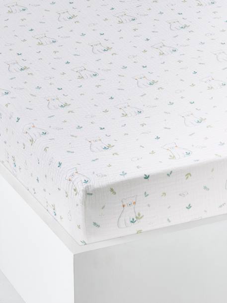 Fitted Sheet In Cotton Gauze For Baby My Little Bear White Print Bedding Decor Fitted Sheet In Cotton Gauze For Baby My Little Bear White Print Bedding Decor