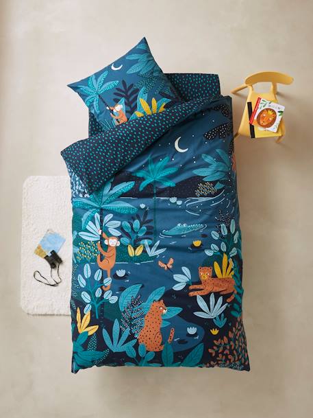 Parure Housse De Couette Taie D Oreiller Enfant Jungle Night Oeko Tex Bleu Multicolore Linge De Lit Deco