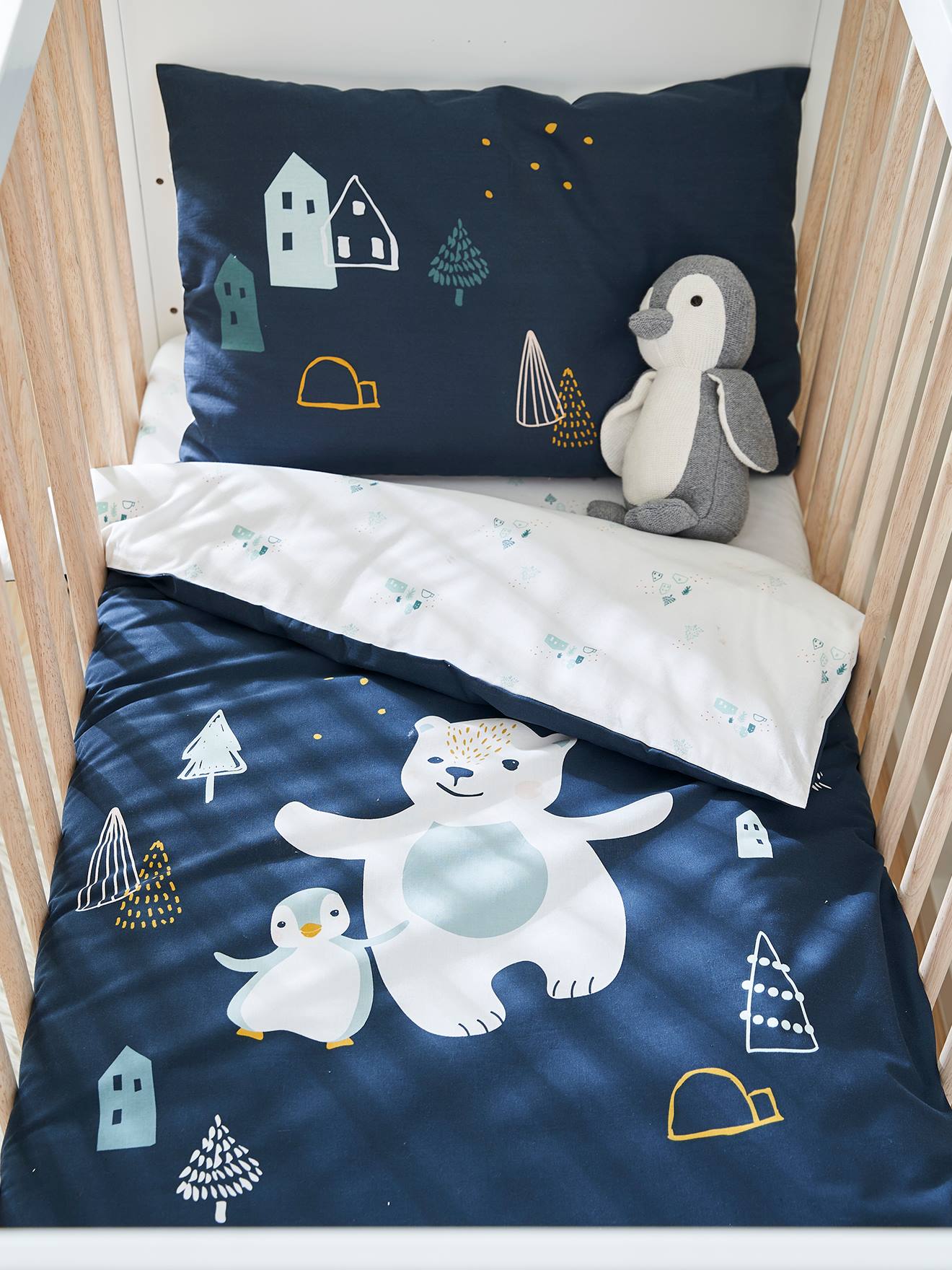 Housse De Couette Bebe Laponie Oeko Tex Bleu Nuit Linge De Lit Deco
