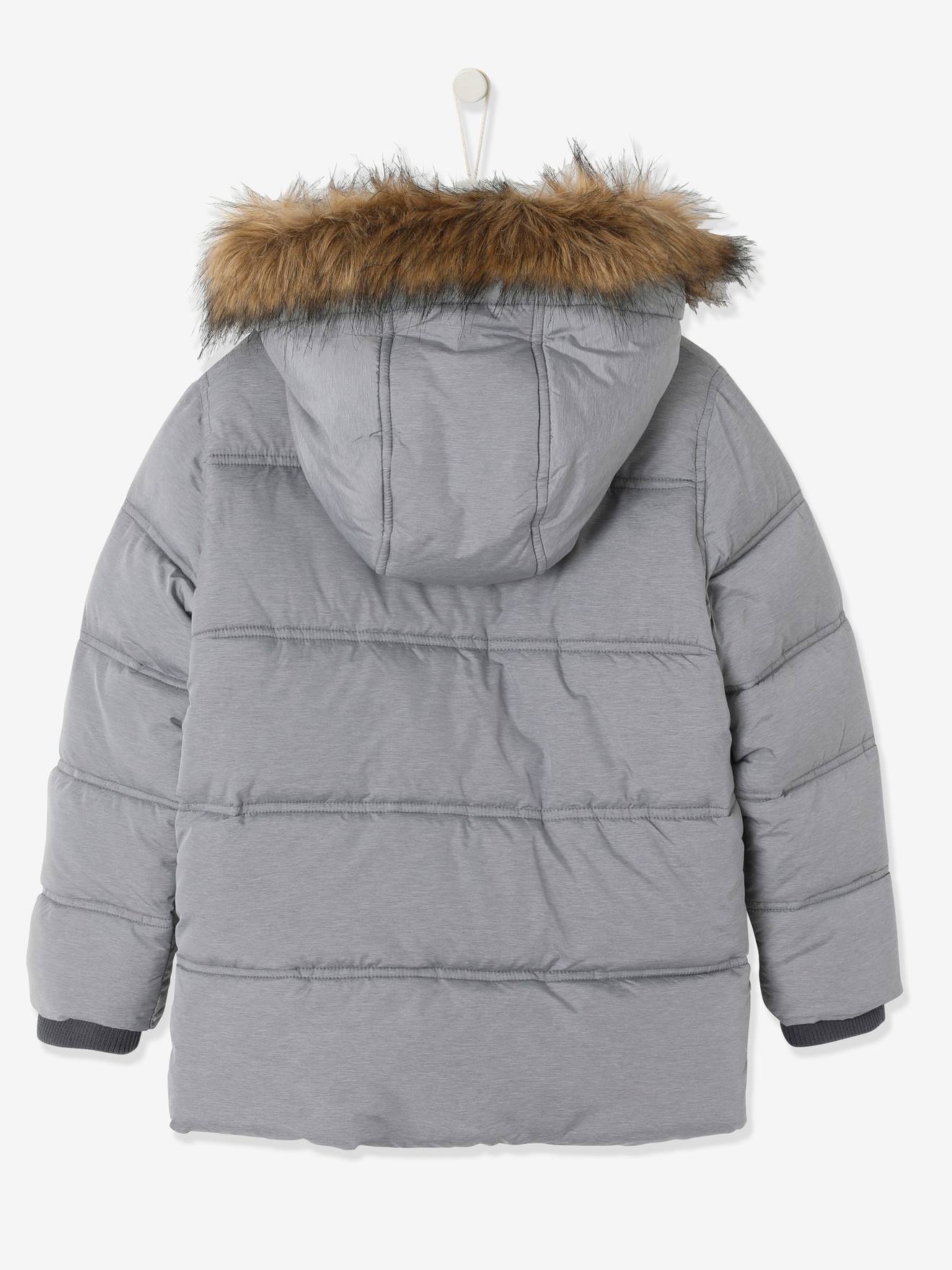 Vertbaudet Padded Jacket with Polar Fleece Lined Hood, Reflective Effect & Recycled Fibre Padding for Boys Grey