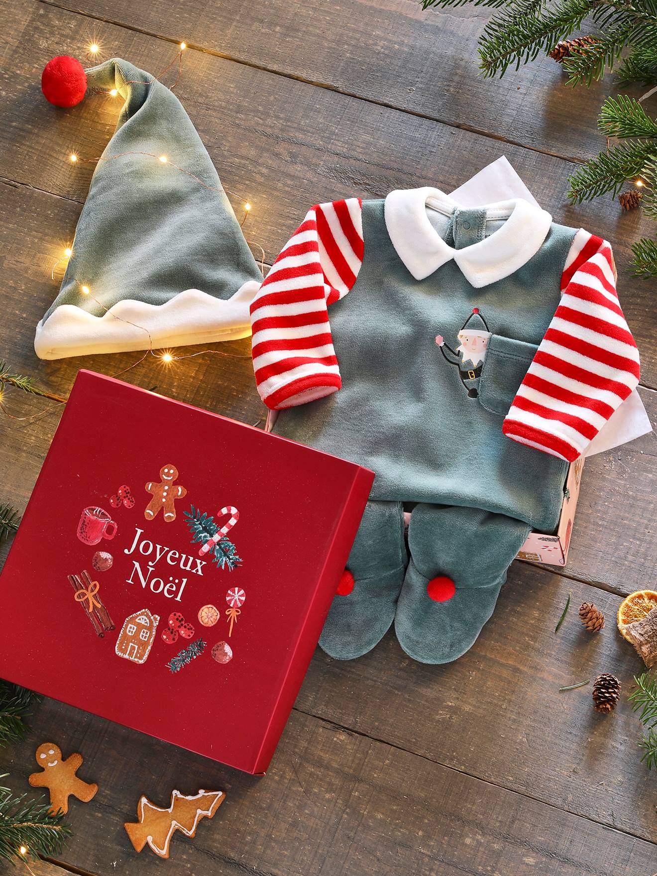 Coffret cadeau de Noël bébé dors-bien en velours + bonnet - rouge brique,  Bébé