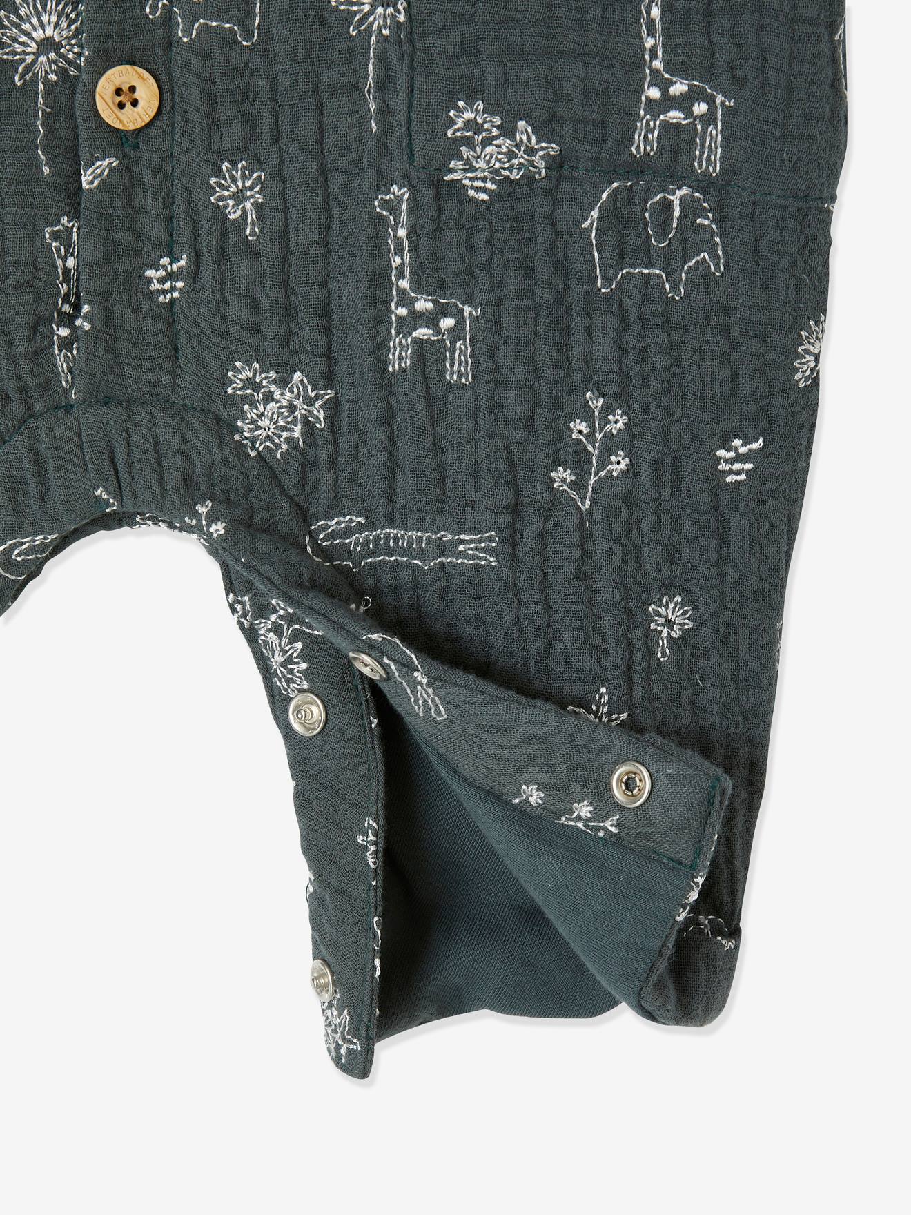 Combinaison Bebe Naissance Garcon En Gaze De Coton Brodee Bleu Jean Imprime Bebe