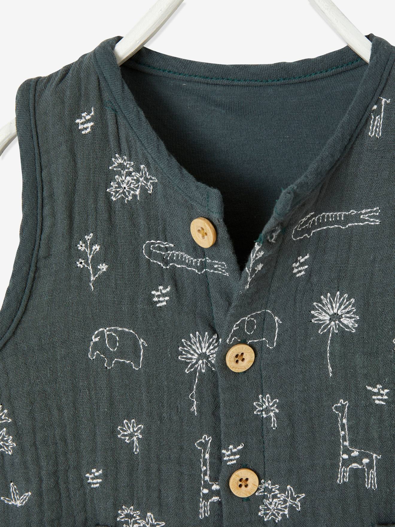 Combinaison Bebe Naissance Garcon En Gaze De Coton Brodee Bleu Jean Imprime Bebe