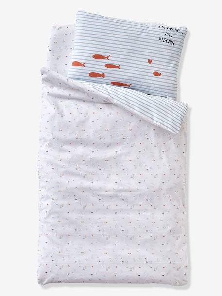 Housse De Couette Bebe Leon Sur Le Ponton Oeko Tex Blanc Raye Bleu Linge De Lit Deco