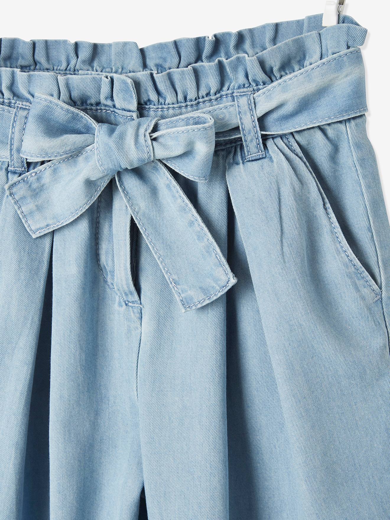 electrode over there parallel Wide, Cropped Paperbag-Type Trousers in Lightweight Denim, for Girls -  light denim blue, Girls