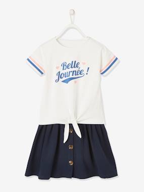 Girls-Outfits-T-Shirt with Glittery Details + Cotton Gauze Skirt Outfit, for Girls