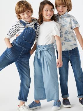 Wide, Cropped Paperbag-Type Trousers in Lightweight Denim, for Girls  - vertbaudet enfant