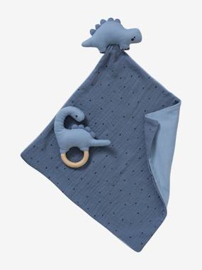 Jouet-Premier âge-Doudous, peluches et jouets en tissu-Doudou en gaze de coton + hochet en bois PETIT DINO