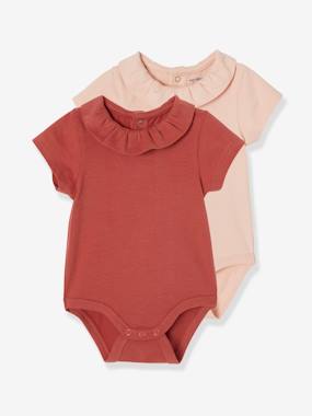 Baby-Bodysuits & Sleepsuits-Pack of 2 Short-Sleeved Bodysuits with Fancy Collar, for Babies