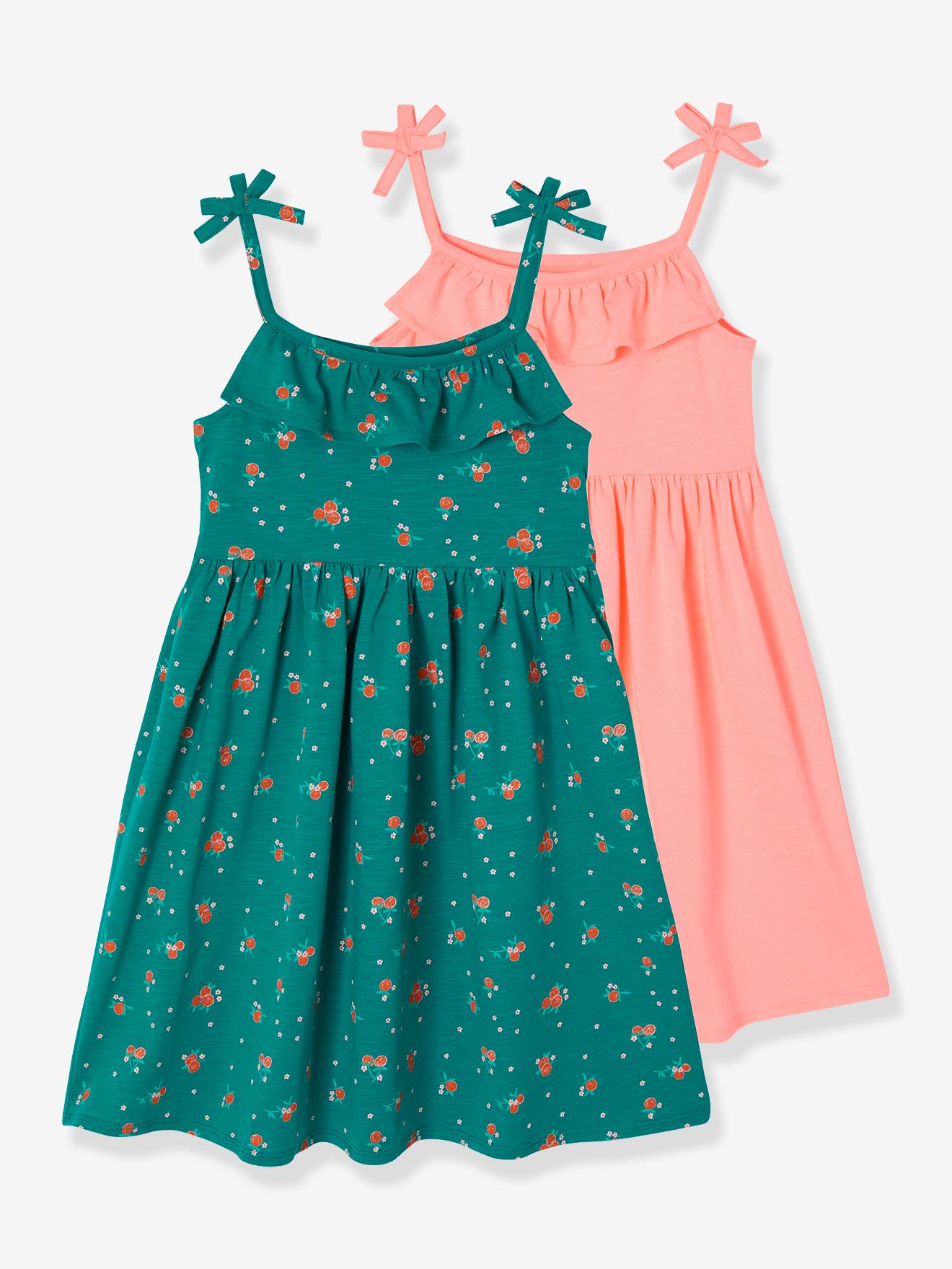 Lot de 2 robes à bretelles fille 1 imprimée + 1 unie lot vert, Fille