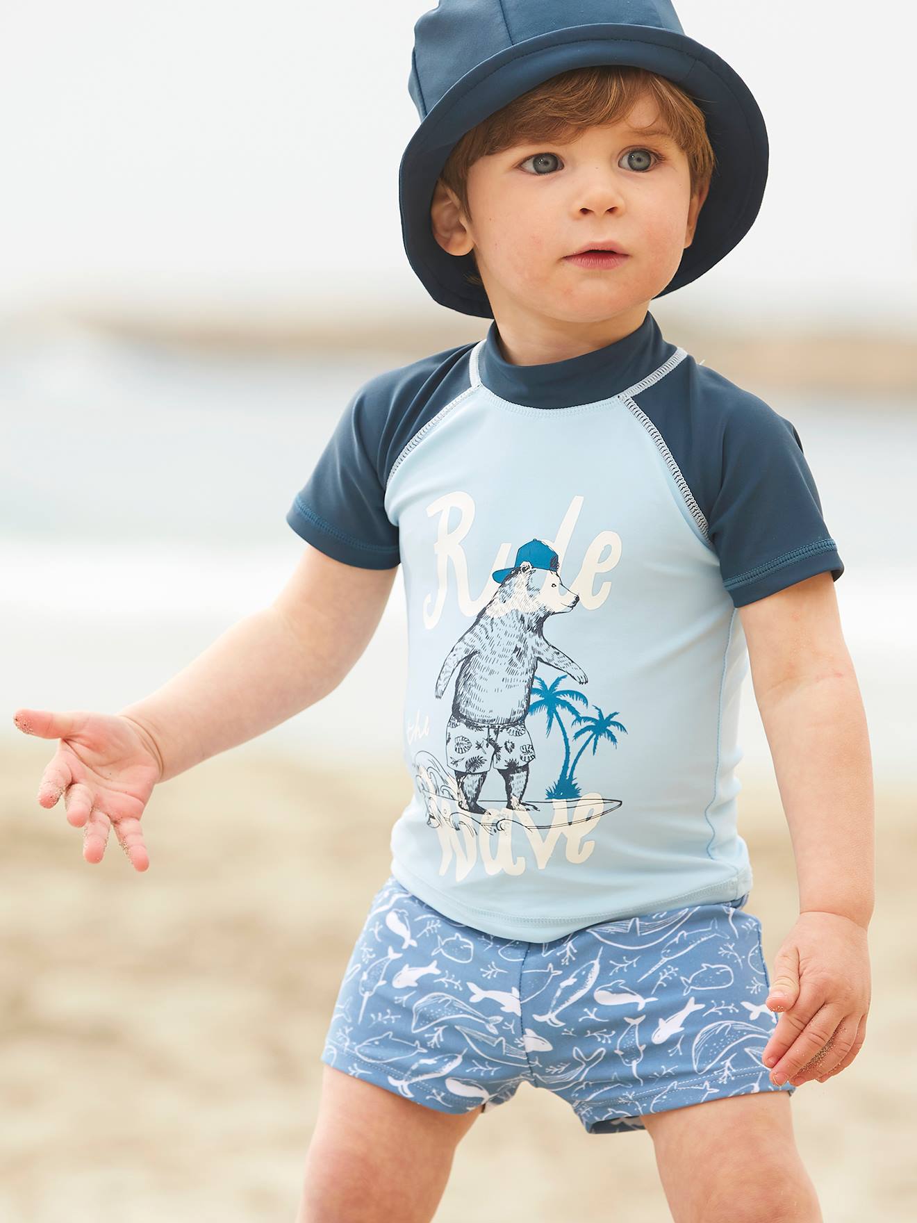 Ensemble De Bain Anti Uv Bebe Garcon Bonnet T Shirt Bleu Bebe