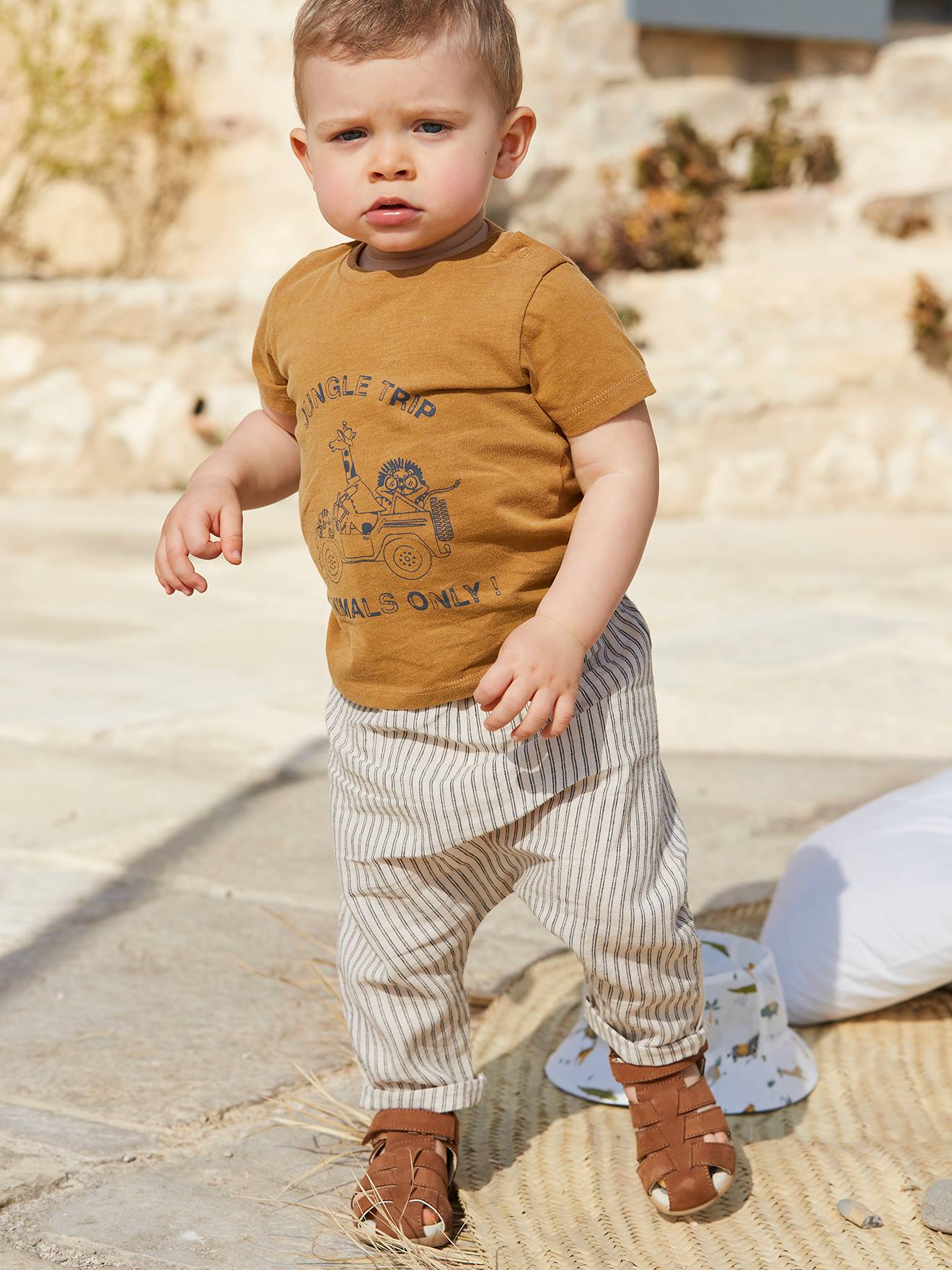 Pantalon Bebe Garcon Lin Et Coton Raye Beige Raye Bebe