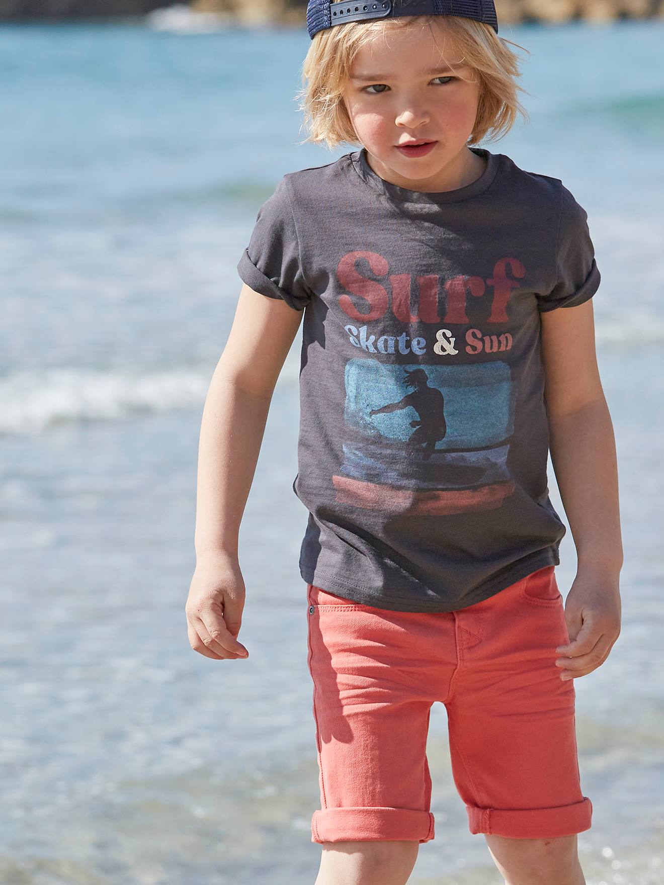 Short Sleeve T Shirt With Surfing Photoprint Motif For Boys Grey Boys