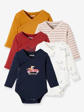Baby-Bodysuits & Sleepsuits-Pack of 5 Long Sleeve Fox Bodysuits, Front Fastening, for Newborn Babies