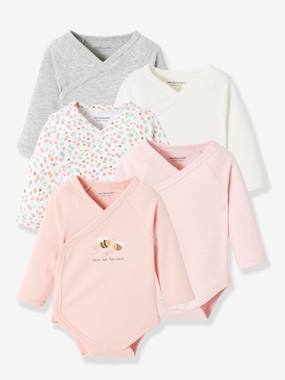 eco-friendly-fashion-Pack of 5 Bee Bodysuits, Long Sleeve Front Opening, for Newborn Babies