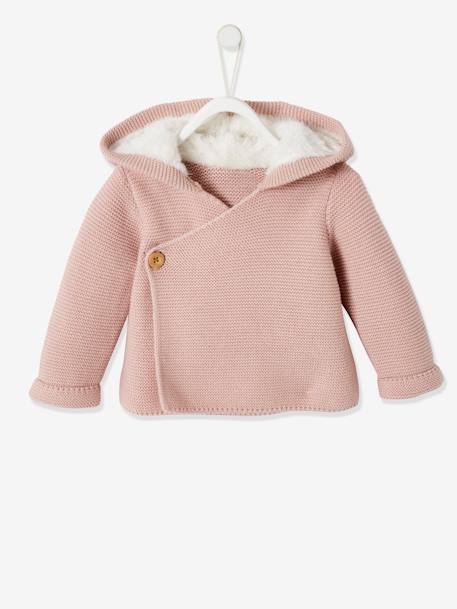 Cardigan avec capuche doublée fausse fourrure bébé beige+céladon foncé+rose pale - vertbaudet enfant 