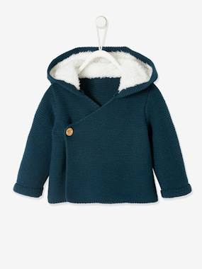 Baby-Jumpers, Cardigans & Sweaters-Cardigans-Hooded Cardigan for Babies, Faux Fur Lining