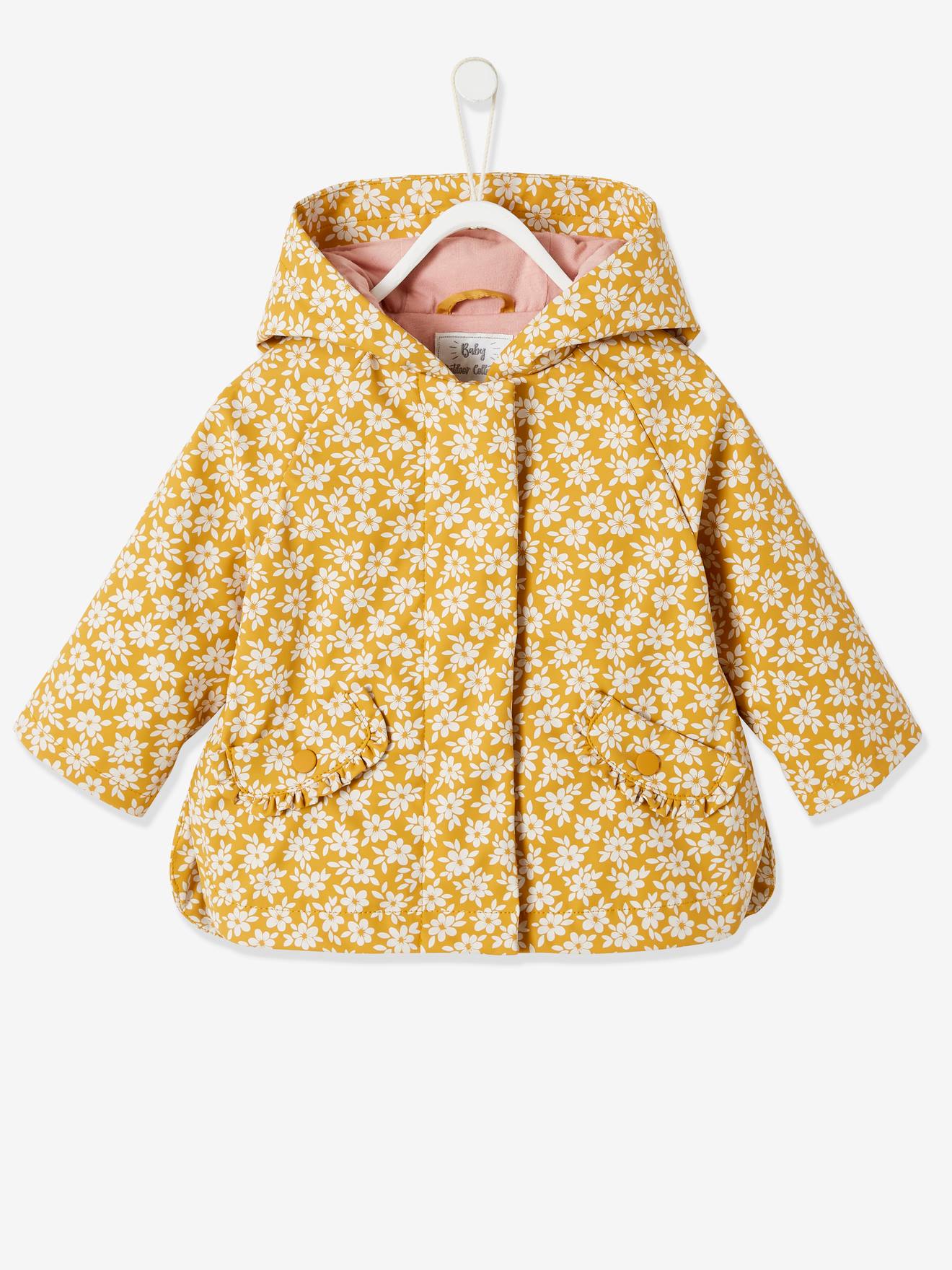 Hooded Raincoat For Baby Girls Mustard Print Baby