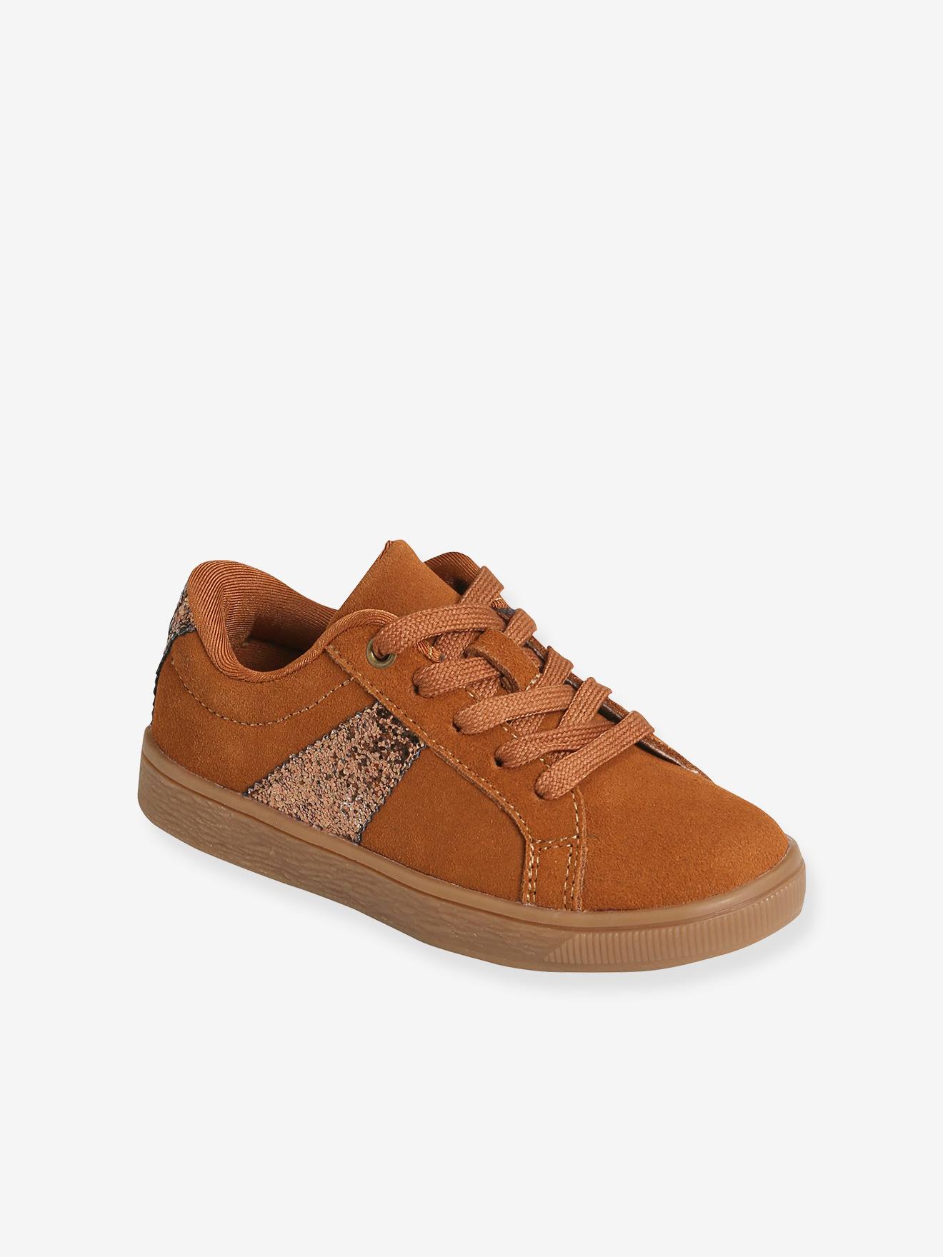 Baskets cuir fille lacees et zippees details paillettes camel avec paillette Chaussures