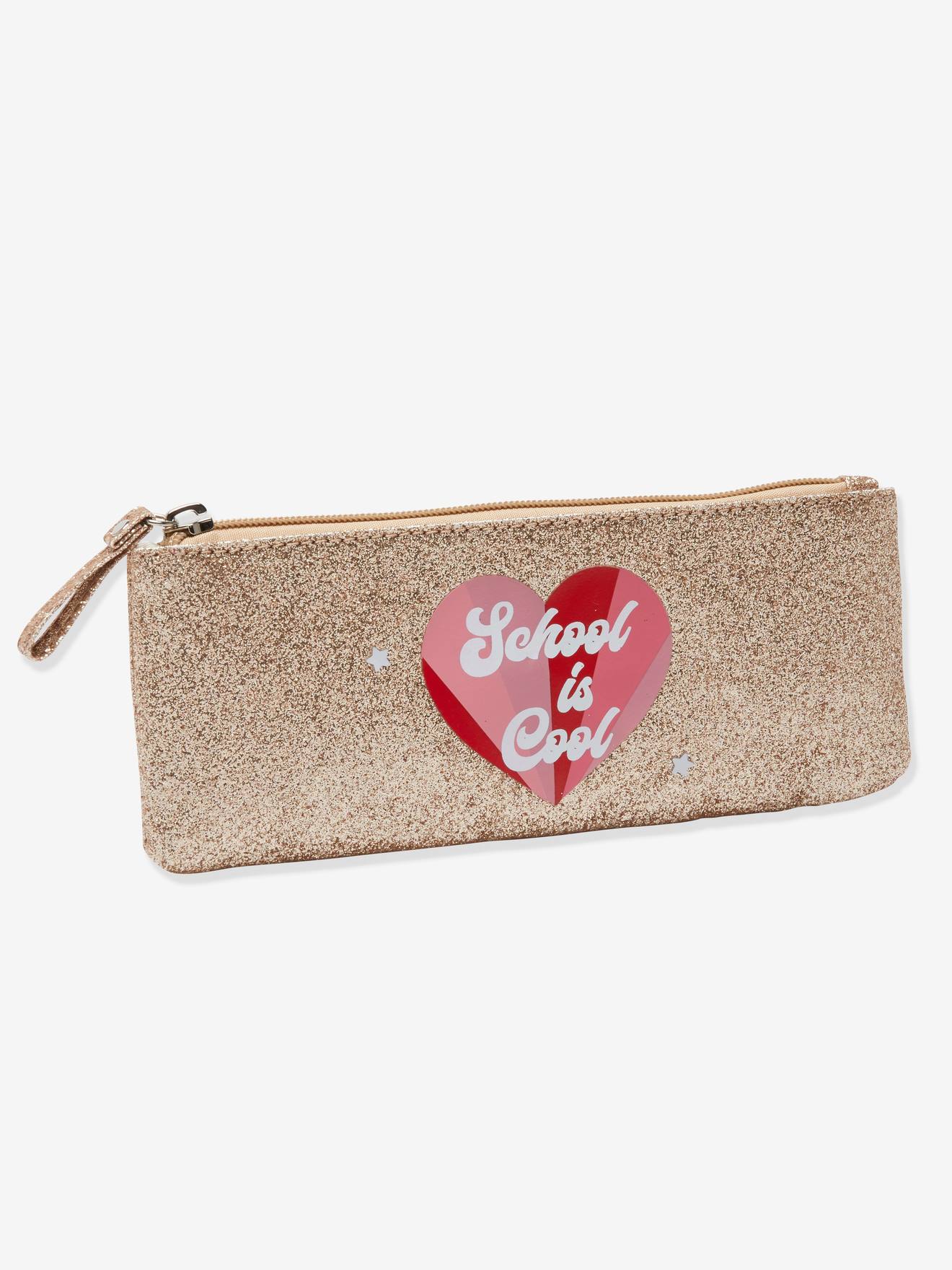 Pencil Case with Glitter & 'School is Cool' Heart, for Girls - gold, Girls