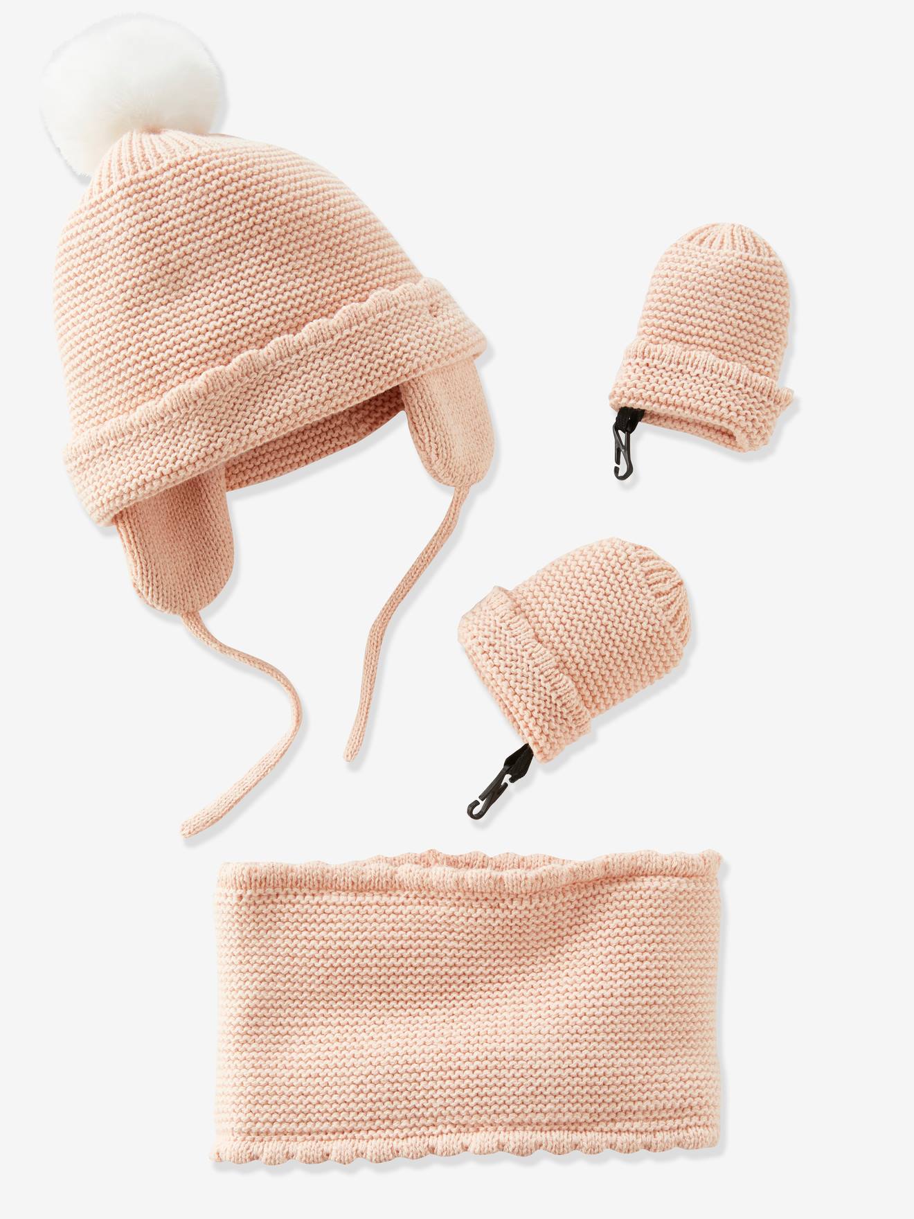 Ensemble Bonnet Snood Moufles Bebe Fille Oeko Tex Rose Poudre Bebe