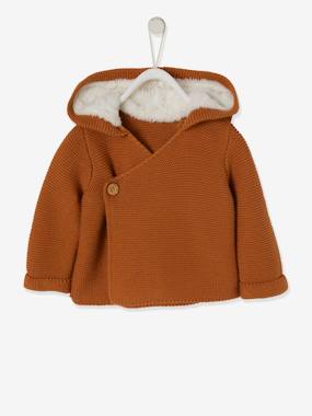 Baby-Jumpers, Cardigans & Sweaters-Cardigans-Hooded Cardigan for Babies, Faux Fur Lining