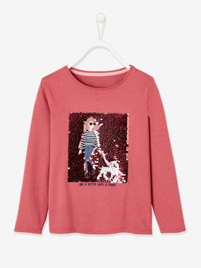 -T-shirt with Sequinned Girly Motif, for Girls