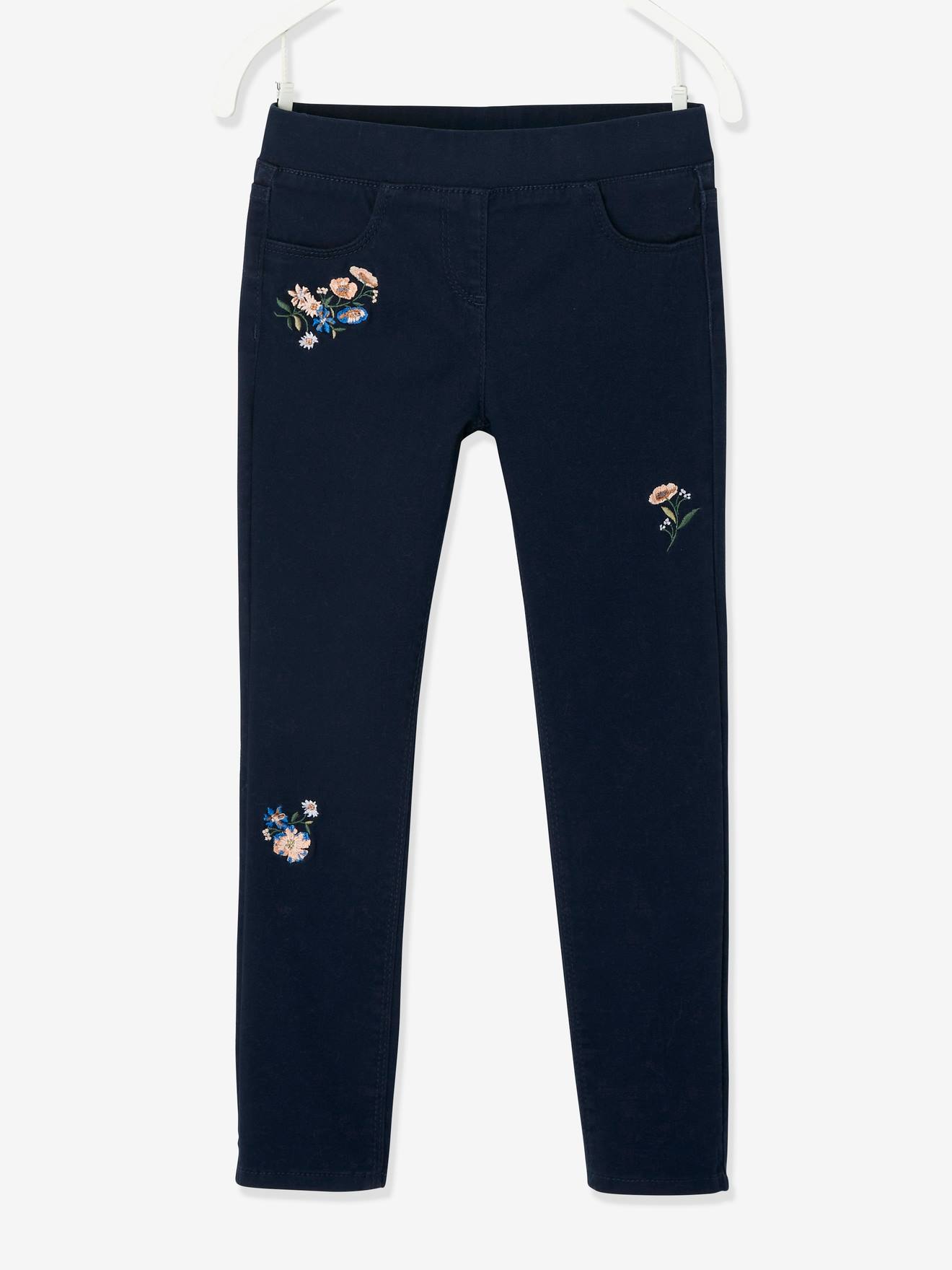 Treggings with Embroidered Flowers for Girls - dark blue, Girls