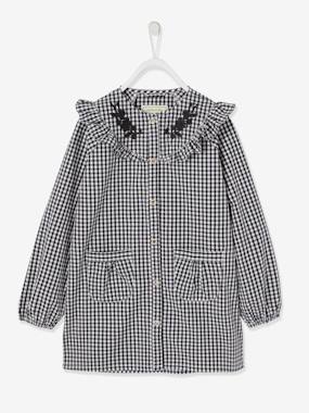 Girls-Aprons-Chequered Ruffled Smock with Embroidered Flowers for Girls