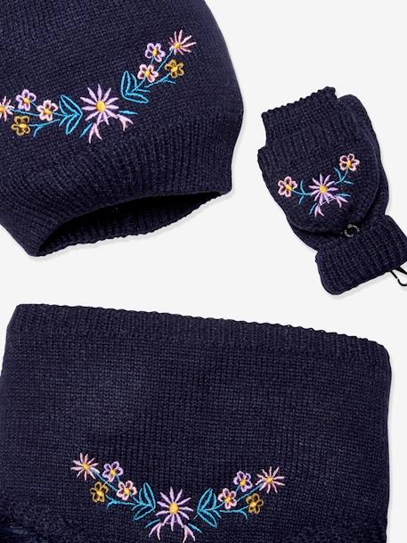 Embroidered Flowers Beanie + Snood + Fingerless Gloves Set for Girls, Oeko-Tex® Dark Blue - vertbaudet enfant 