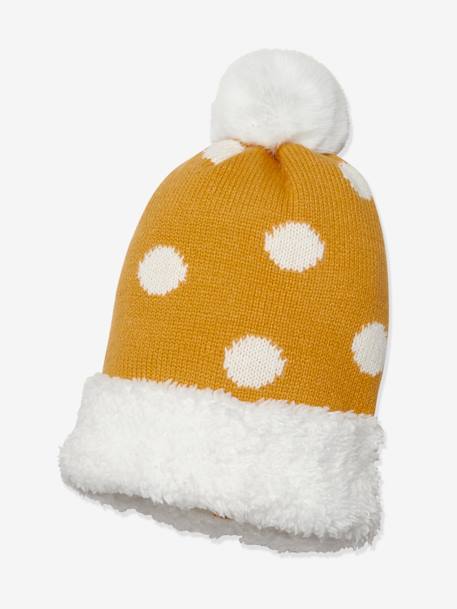 Fine Knit Polka Dot Beanie with Faux Fur Pompom for Girls, Oeko Tex® Beige/Print - vertbaudet enfant 