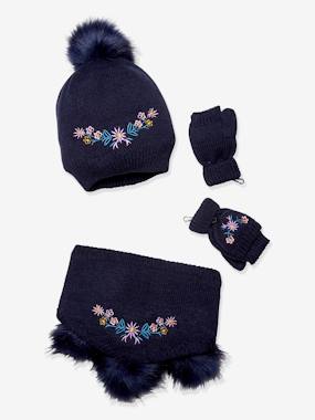 Girls-Accessories-Winter Hats, Scarves, Gloves & Mittens-Embroidered Flowers Beanie + Snood + Fingerless Gloves Set for Girls, Oeko-Tex®