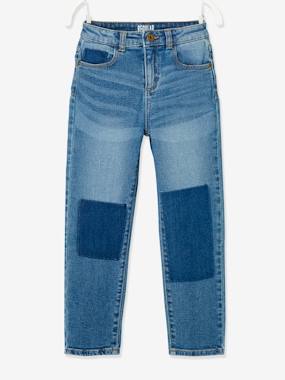 Girls-Jeans-Straight Leg Jeans with Patches Effect, for Girls