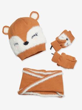 Girls-Accessories-Winter Hats, Scarves, Gloves & Mittens-Oeko Tex® Bear Beanie + Snood + Fingerless Gloves Set for Girls