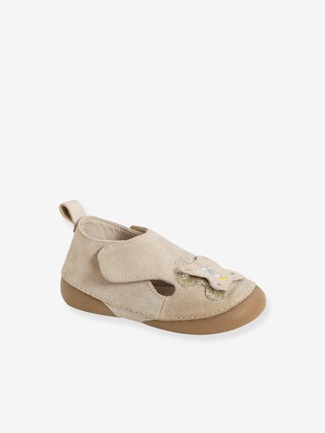 Chaussons Bebe Fille En Cuir Souple Beige Paillete Chaussures