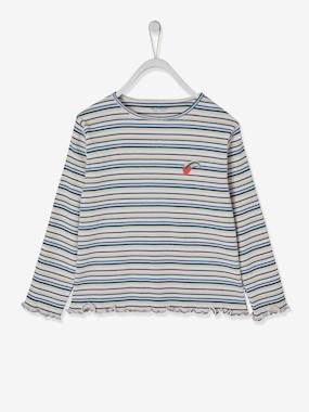 -Striped Rib Knit Oeko-Tex® Top with Iridescent Heart, for Girls