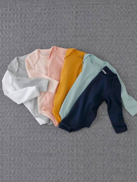 Lot de 7 bodies manches longues ouverture US bébé BASICS lot rose poudré+lot vert grisé - vertbaudet enfant 