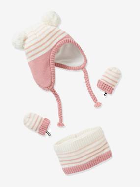 Baby-Accessories-Striped Set, Beanie + Snood + Mittens Set for Baby Girls, Oeko Tex®