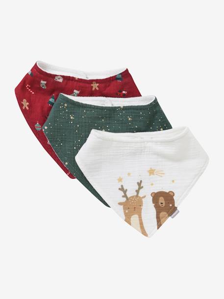 3 Bandana-Style Bibs in Cotton Gauze Brown+crystal blue+GREEN DARK ALL OVER PRINTED+Light Green+old rose+sage green+White/Print - vertbaudet enfant 