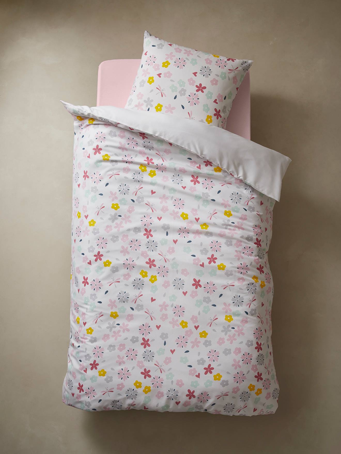 Parure housse de couette + taie d'oreiller enfant polyester et coton  FLOR'AILES - blanc, Linge de lit & Déco