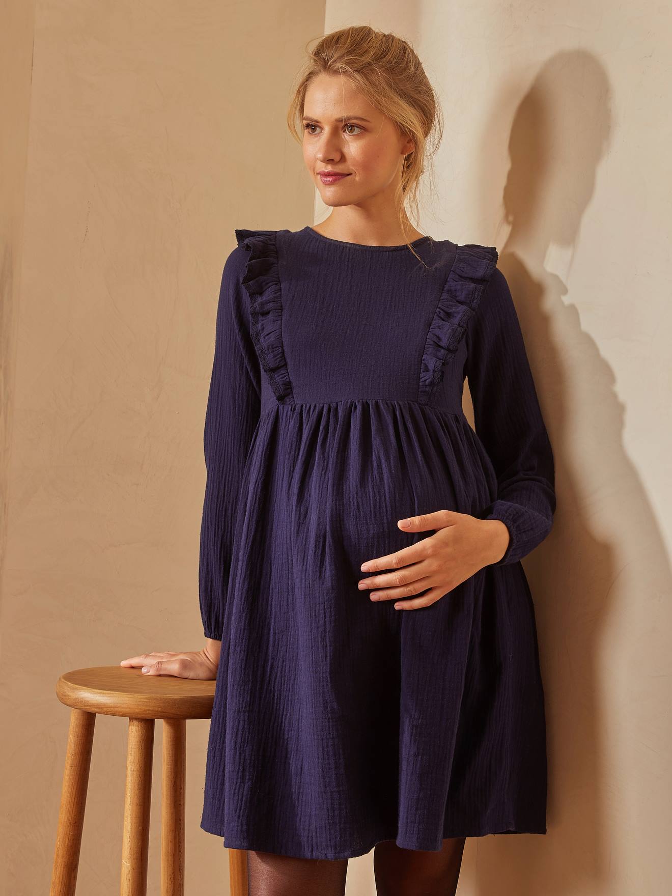 Cotton Gauze Dress, Maternity & Nursing Special - dark blue
