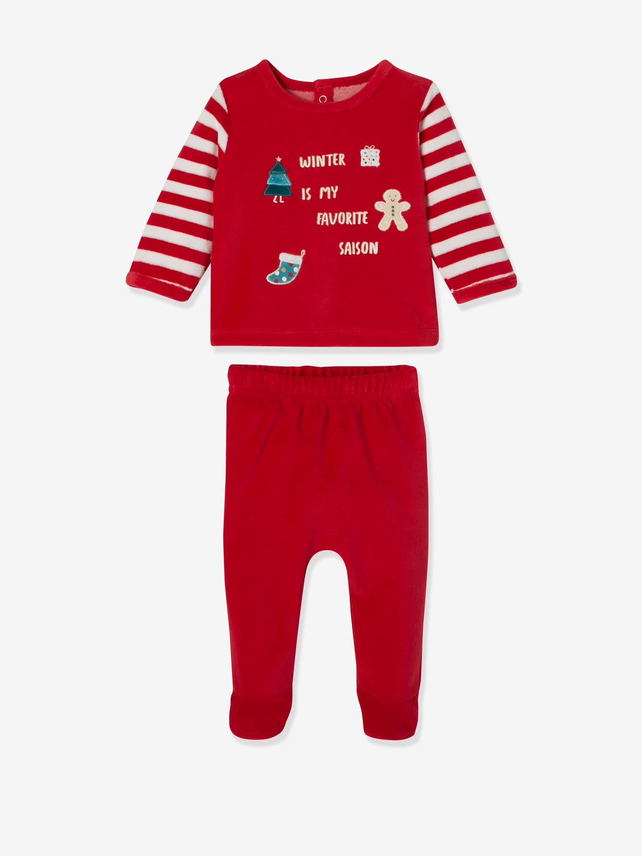 Pyjama Noël bébé pièces en velours rouge brique, Bébé