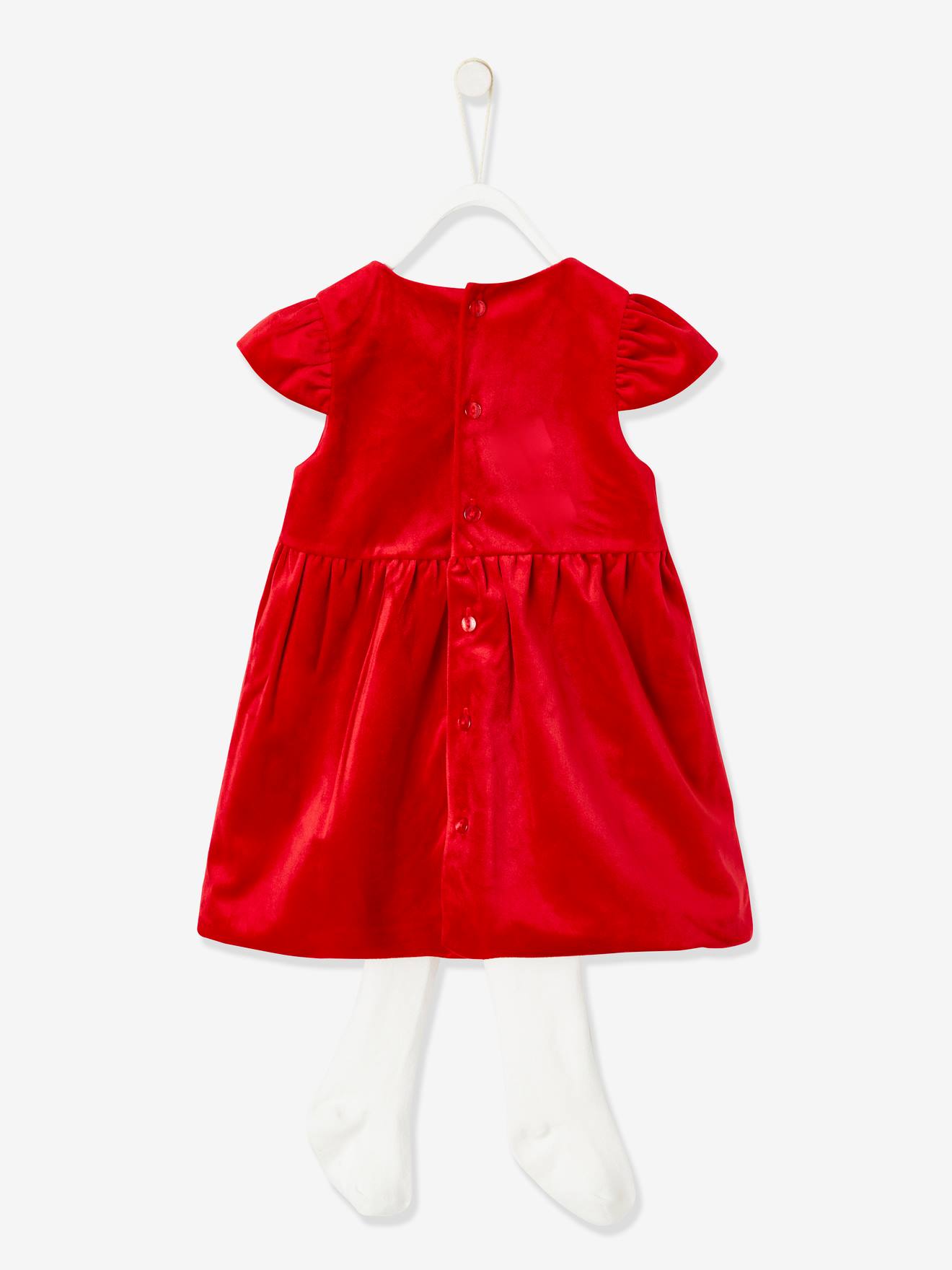 Christmas Special Dress in Velour with Tights Ensemble for Babies - dark  red, Baby