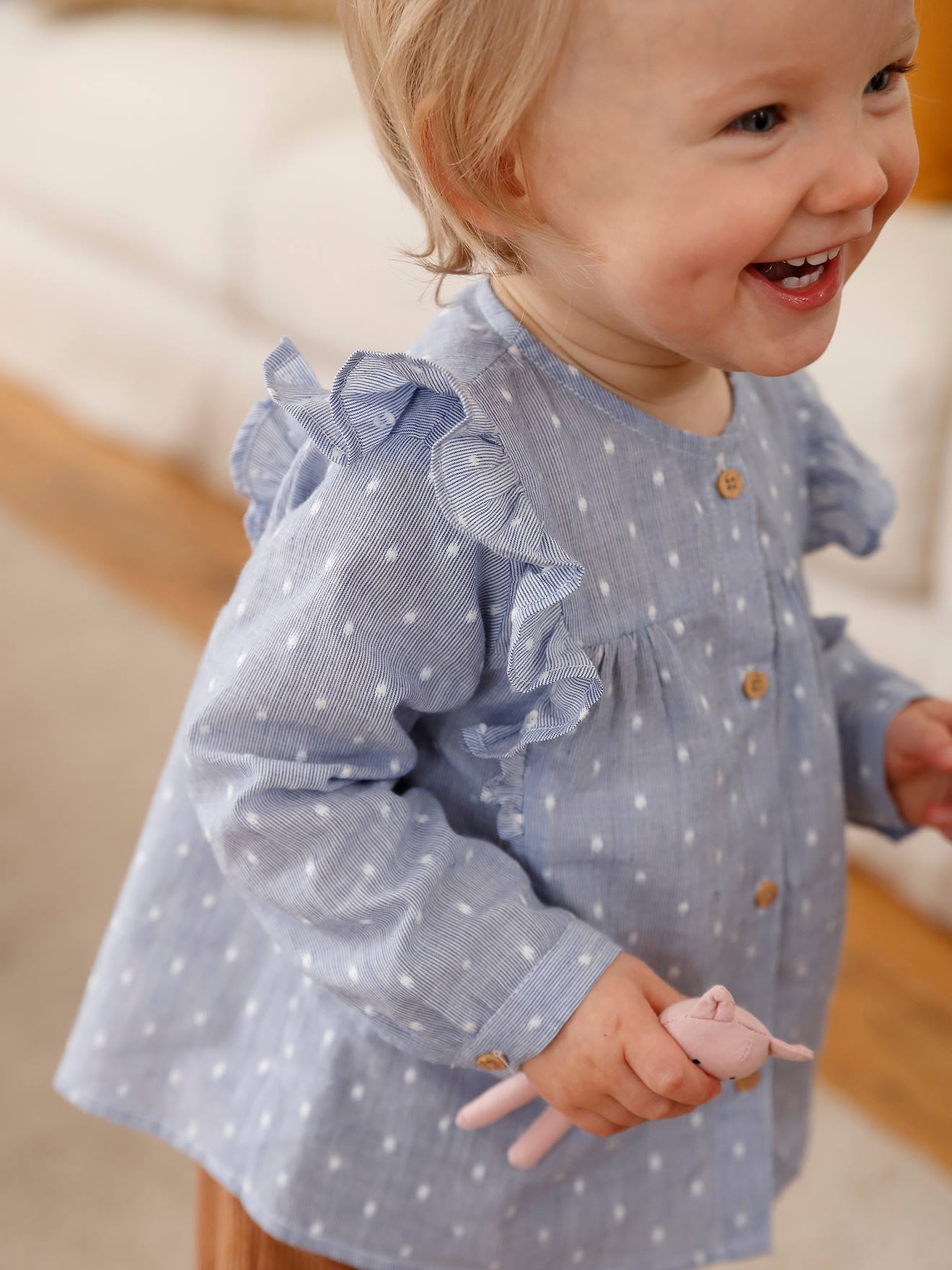 Blouse with Ruffles, for Baby Girls - dark blue stripes